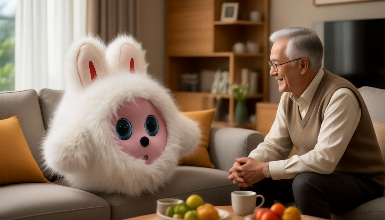 A senior citizen sitting comfortably in an armchair, smiling warmly while interacting with a sleek, friendly-looking desktop AI companion device; Dimensions